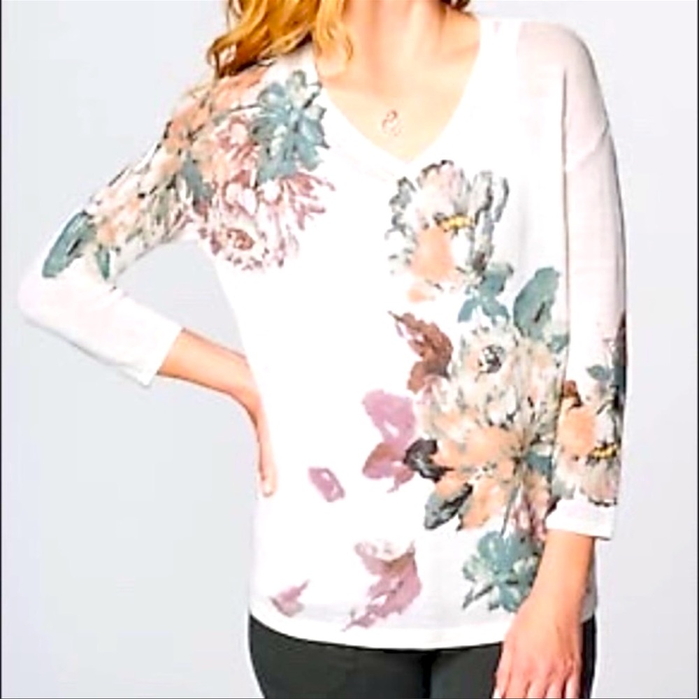 J. Jill Floral Linen Blend V Neck Cream Pullover Sweater M